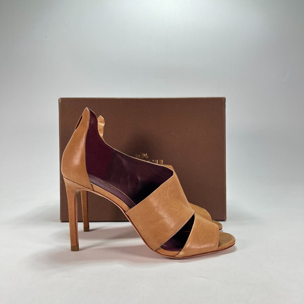 COACH Tan Leather Open Toe Cutout Asymmetrical Stiletto Pump Women's Size 6.5B